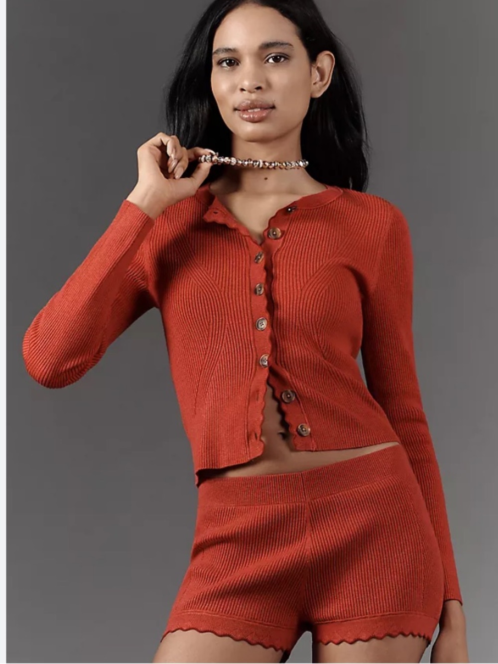 Maeve Rust Ribbed Button-Front Cardigan